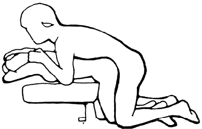 Figure 6 - The woman kneels	 her upper body supported by furniture. Her knees can be supported by a pillow. May be helpful when the woman has hip problems. Not good if shoulders are involved.